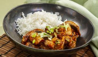 Hot and sour aubergine and mushroom clay pot with basil and jasmine rice