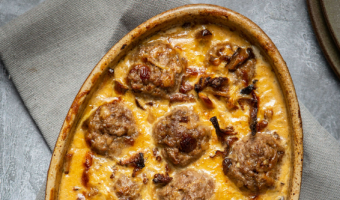 Tommy Banks’ Roast hogget meatballs in a creamy cep sauce 