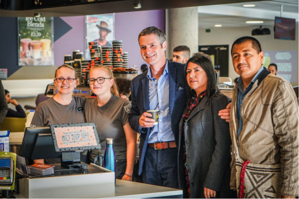 Cafeology founder Bryan Unkles with Juan Carlos and Elisabeth Sandoval from the CENCOIC co-operative meeting Baristas Colombian coffee producers visit University of Sheffield